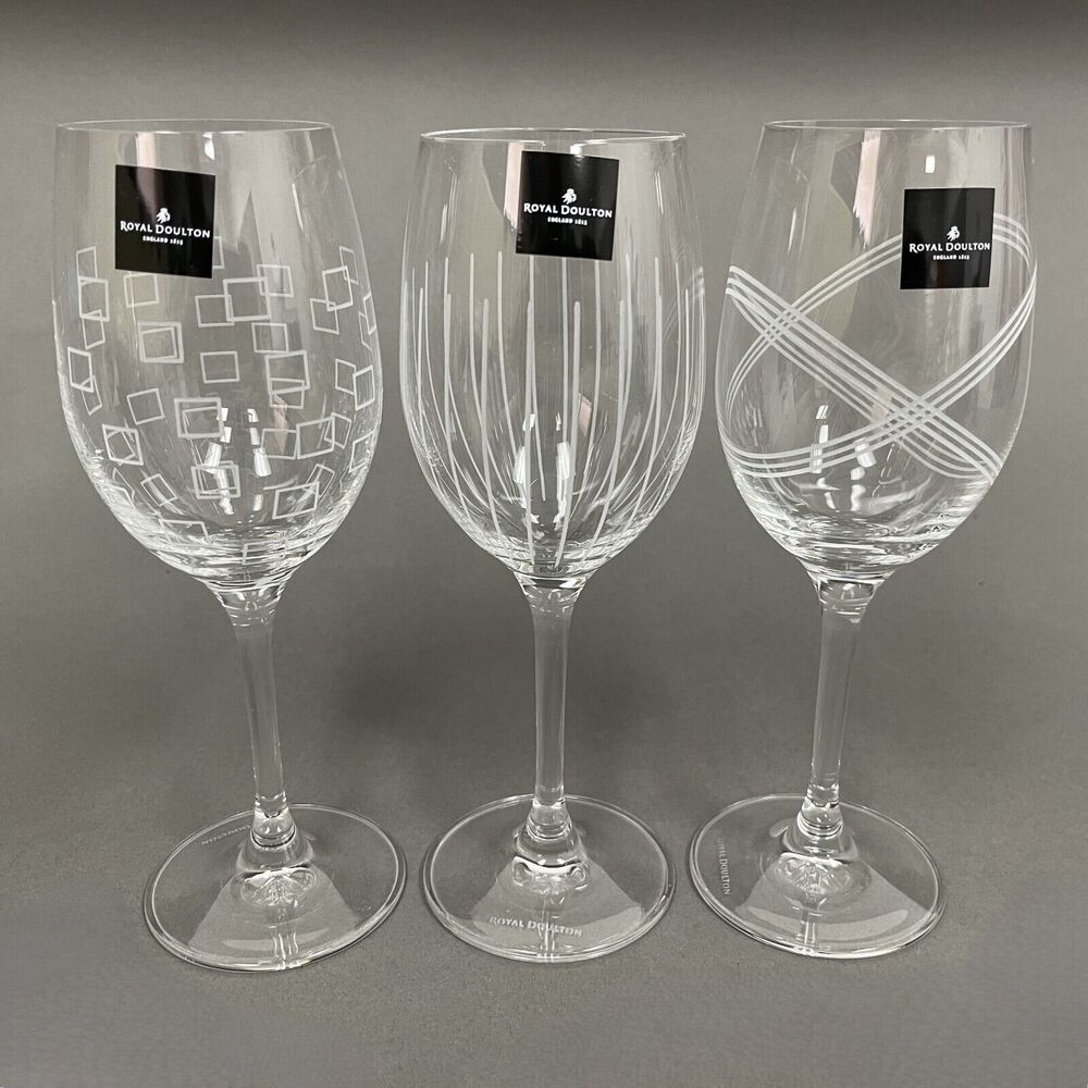 Royal Doulton Cystal Party Wine Glass Glasses‎ Squares Etched Lines Clear - 3